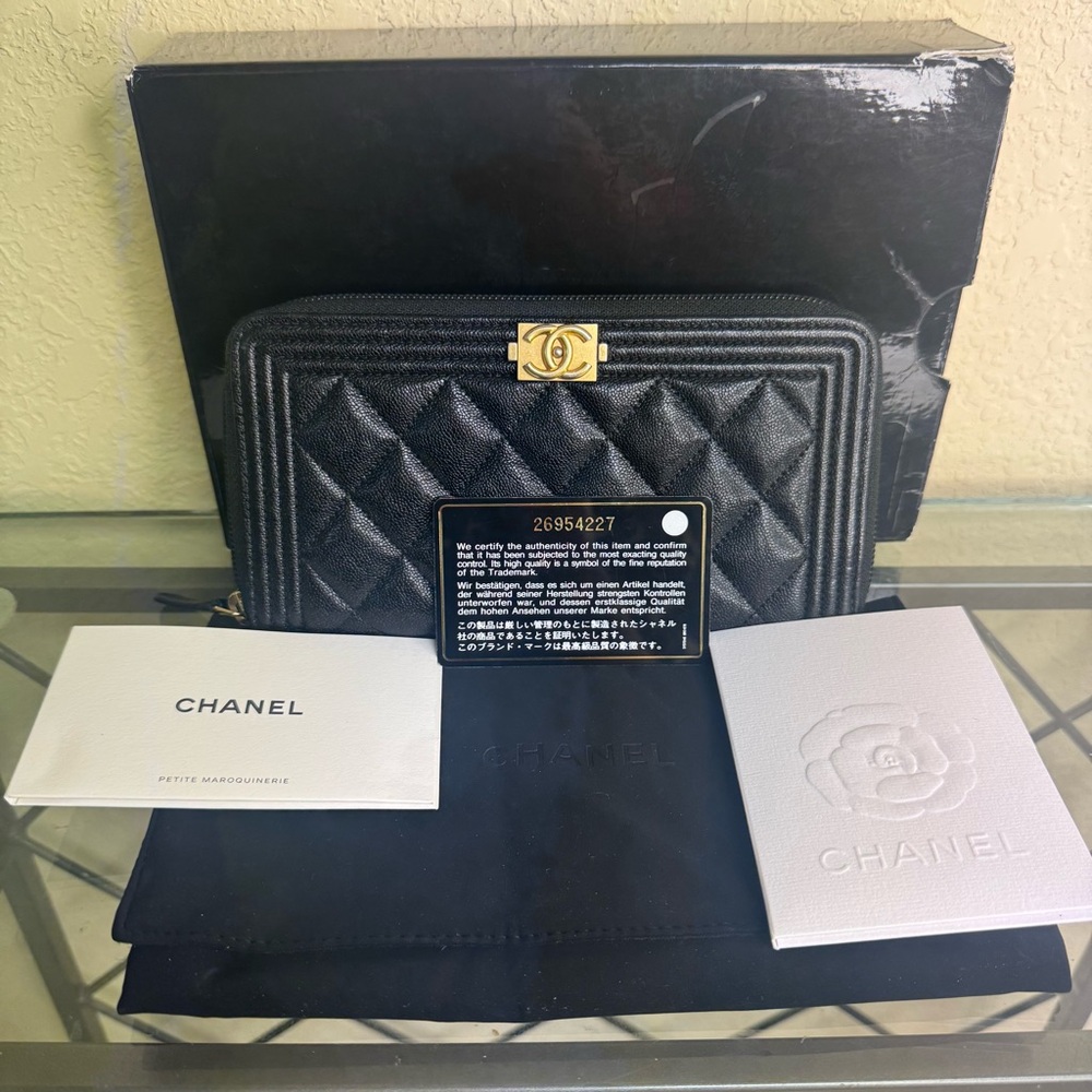 CHANEL Black Quilted Caviar Leather Boy Long Zipped Wallet